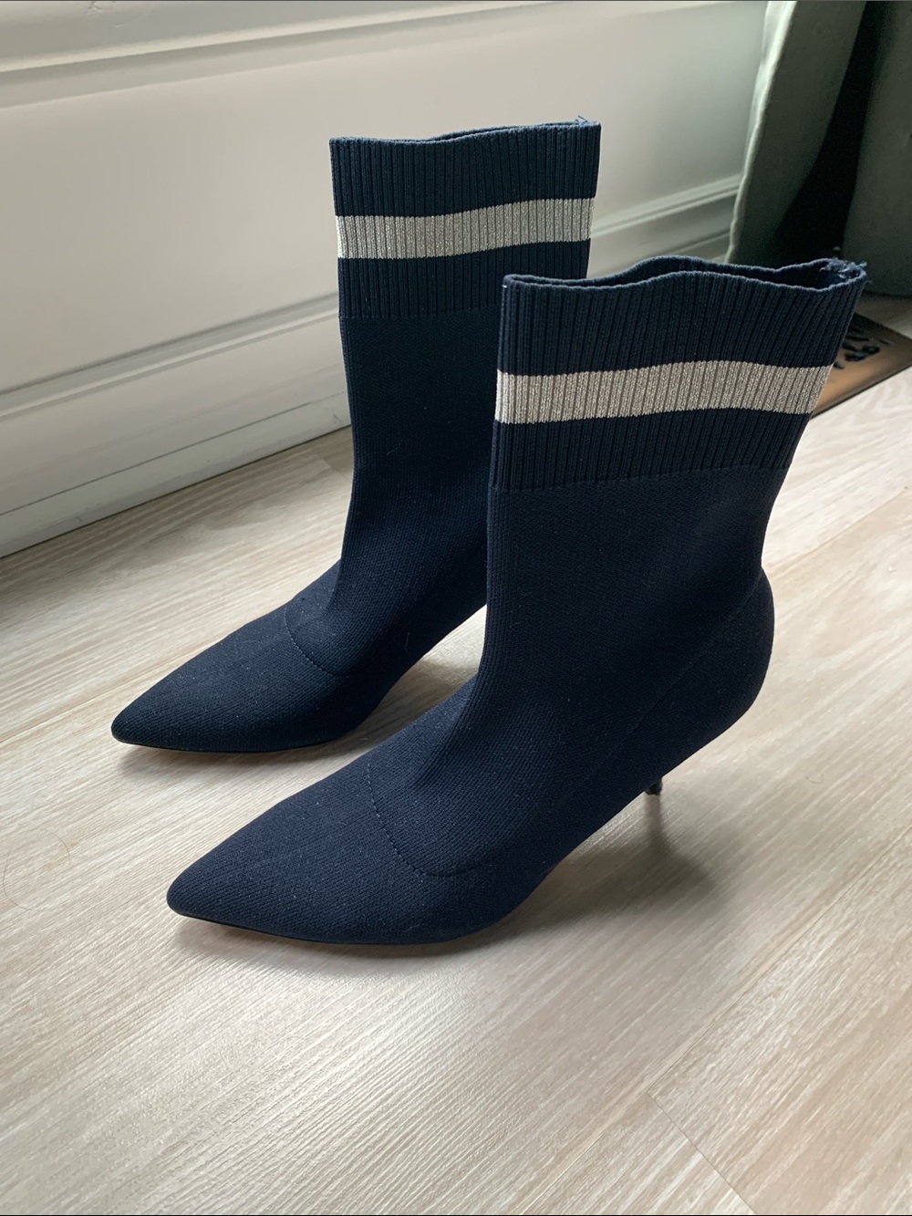 Zara Navy Sock Booties with Light Gray metallic Stripe